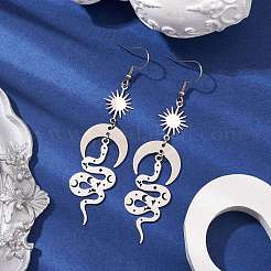 Snake & Sun & Moon 201 Stainless Steel & Brass Dangle Earrings for Women&nbsp;EJEW-TA00497
