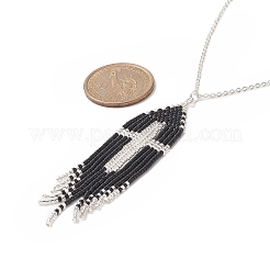 Glass Seed Beaded Cross Tassel Pendant Necklaces&nbsp;NJEW-MZ00011-02