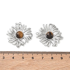 304ステンレスペンダント  天然タイガーアイと  菊のチャーム  ステンレス鋼色  30.5x28x6mm  穴：1.6mm&nbsp;SA-CBA11D7-01P