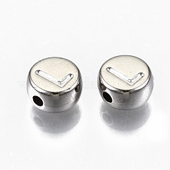 CCBプラスチックビーズ  水平穴  アルファベット付きフラットラウンド  プラチナ  7x4mm  穴：1.8mm  約3300個/500g&nbsp;CCB-N004-002P