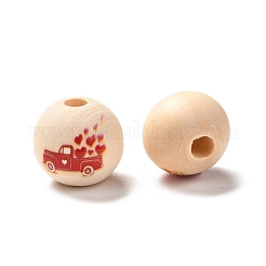 プリントウッドヨーロピアンビーズ  大穴ビーズ  車とハートの模様で丸い  レッド  16x15mm  穴：4mm&nbsp;WOOD-F011-08D