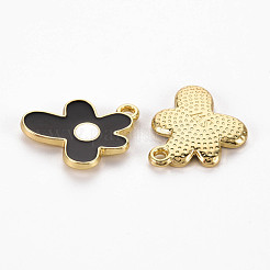 ラックメッキライトゴールドアロイエナメルペンダント  カドミウムフリー＆鉛フリー  花  ブラック  17x16x2mm  穴：1.6mm&nbsp;ENAM-Q444-013D-RS