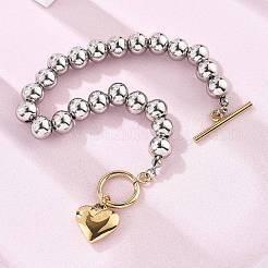 女性用304ステンレススチールビーズストレッチブレスレット  ハート  ゴールデン·ステンレス鋼色  8-1/8インチ（20.7cm）&nbsp;BJEW-C089-06GP
