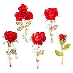 5Pcs 5 Styles Rhinestone Rose Flower with Plastic Pearl Beaded Brooch Pin&nbsp;JEWB-FH0002-47