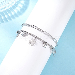 304ステンレススチールのペーパークリップとフィガロチェーンのブレスレット（女性用）  クローバー  7-3/8インチ（18.8cm）  2個/セット。&nbsp;BJEW-JB12445-03