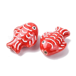 手作りの陶器ビーズ  手描きの陶器ビーズ  魚  ファミーユは磁器バラ  レッド  27~28x20~21x10.5~11.5mm  穴：1.8~2.2mm&nbsp;PORC-K010-08J