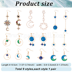 9 Pairs 9 Style Rhinestone Sun & Moon & Star & Planet Enamel Asymmetrical Earrings&nbsp;EJEW-AN0002-14