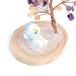天然アメジストチップ生命の木の装飾  樹脂の切り株、木製のベース、銅線、雪だるまの風水エネルギーストーン、自宅、オフィス、デスクトップ用ギフト  69~79x62~65x120mm&nbsp;DJEW-B013-03D