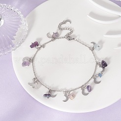 Natural Fluorite Chips & Moon Charms Anklet&nbsp;AJEW-AN00512-06