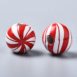 塗られた天然木のヨーロッパのビーズ  大穴ビーズ  印刷  ストライプラウンド  レッド  16x15mm  穴：4mm&nbsp;WOOD-S057-044