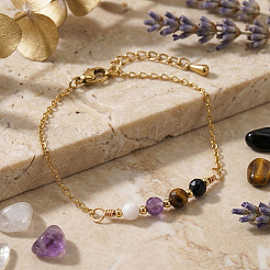 Faceted Round Natural Black Onyx(Dyed & Heated) & Tiger Eye & Amethyst & Shell Beaded Bracelets with Stainless Steel Cable Chains&nbsp;NW1316