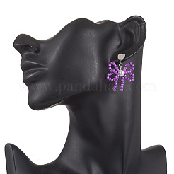 Heart with Bowknot Handmade Glass Seed Beads Dangle Stud Earrings&nbsp;EJEW-MZ00474-03