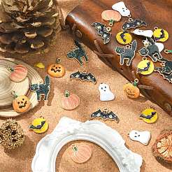 30 個 6 スタイルハロウィンラックメッキ合金エナメルペンダント  カドミウムフリー＆ニッケルフリー＆鉛フリー  エメラルドラインストーンとキラキラパウダーで  猫とおばけとカボチャ  ミックスカラー  13~27x14~25x1.5~2.5mm  穴：1.8mm  5個/スタイル&nbsp;PALLOY-CJ0002-32