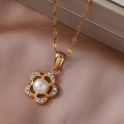 Vintage 304 Stainless Steel Glass Flower Pendant Necklaces with Imitation Pearl for Women&nbsp;BV5494
