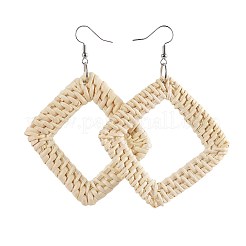 手作りのリードケイン/籐織りダングルピアス  真鍮のピアスフックと鉄のパーツ  菱形  プラチナ  84~84.5mm  ピン：0.6mm&nbsp;EJEW-JE02982-03