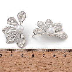 真鍮の花のスタッドピアス  ABSの模造パールと  鉛フリー＆カドミウムフリー  長持ちメッキ  ラックめっき  左右  プラチナ  35.5x23mm&nbsp;EJEW-R016-05P