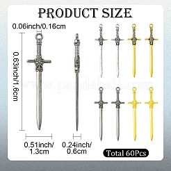 60pcs4スタイルチベットスタイルアロイペンダント  剣のチャーム  ミックスカラー  49.5x12x3mm  穴：1.4mm  15個/カラー&nbsp;FIND-YW0012-79