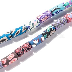 手作りフラワープリントポリマークレイビーズ連売り  コラム  カラフル  11~12x5~6mm  穴：2.7mm  約32~34個/連  15.8インチ（40cm）&nbsp;CLAY-M003-03