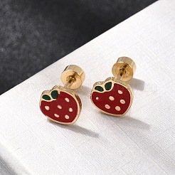 304ステンレススチールスタッドピアス  エナメル  ゴールドカラー  苺  7.5x7.5mm&nbsp;EJEW-F396-02C-G