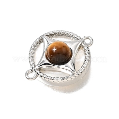 Natural Tiger Eye & Natural Shell Brass Flat Round Links Connector Charms&nbsp;KK-N289-16P-01