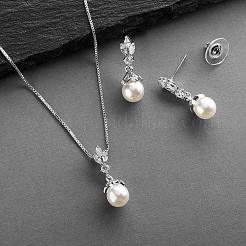 Round Brass Micro Pave Clear Cubic Zirconia with Plastic Pearl Pendant Necklace & Stud Dangle Earring&nbsp;FS-WG1CF3E-02