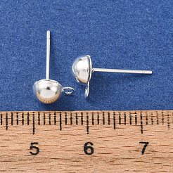 真鍮製スタッドピアスパーツ  カドミウムフリー＆鉛フリー  半円  カン付き  925銀メッキ  8x6mm  穴：1.4mm  ピン：12x0.8mm&nbsp;LS-KK-G604-01S-03