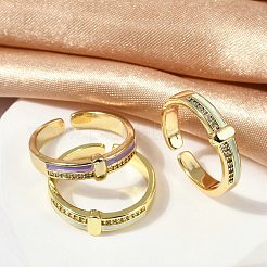 女性用真鍮マイクロパヴェクリアキュービックジルコニアエナメルカフリング  カドミウムフリー＆ニッケルフリー＆鉛フリー  18KGP本金メッキ  ミックスカラー  内径: 調節可能&nbsp;RJEW-L113-021G