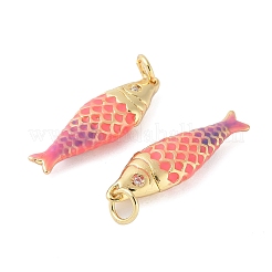 真鍮製エナメルペンダント  キュービックジルコニアの魚型チャーム付き  ラックめっき  カドミウムフリー＆鉛フリー  長持ちメッキ  18KGP本金メッキ  ピンク  25.5x7.5x3.8mm  穴：3.5mm&nbsp;X-KK-B148-14G-03