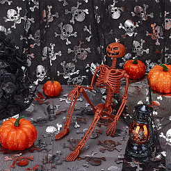 ハロウィーンのポリエステルメッシュ生地  DIY工芸品  スカル柄の長方形  銀  1600x0.1mm&nbsp;AJEW-WH0314-852D