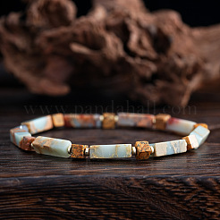 Vintage Bohemian Synthetic Aqua Terra Jasper & Non-magnetic Hematite & Natural Picture Jasper Cuboid Beaded Stretch Bracelets for Men&nbsp;YF8197