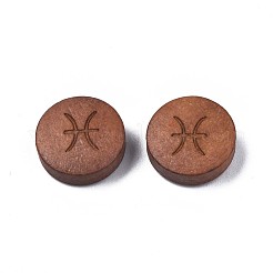 レーザー彫刻された木製ビーズ  星座12個のフラットラウンド  染め  キャメル  魚座  12x4mm  穴：1.6mm&nbsp;WOOD-S053-53I