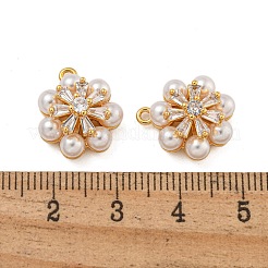 真鍮製マイクロパヴェキュービックジルコニアペンダント  absプラスチックパール  花  18KGP本金メッキ  16x14x8mm  穴：1.4mm&nbsp;KK-U036-17G