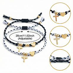 304ステンレススチール製ハート＆十字架モチーフのカップルブレスレットセット（2個）  調節可能な男女ペアブレスレット  ゴールドカラー  ミックスカラー  11.02インチ（28cm）&nbsp;PA4727-3