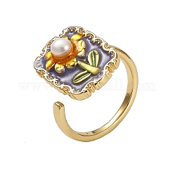 Flower Pattern Brass Enamel & Natural Freshwater Pearl Open Cuff Rings for Women&nbsp;RJEW-G342-01G-01