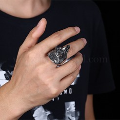 メンズステンレススチールフィンガー指輪  ワイドバンドリング  トリケラトプス  サイズ9  アンティークシルバー  18.9mm&nbsp;RJEW-BB29840-9