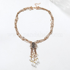 Alloy Rose Flower Multi-Strand Necklaces with Imitation Pearl Teardrop Tassel for Women&nbsp;WG55FA1-01