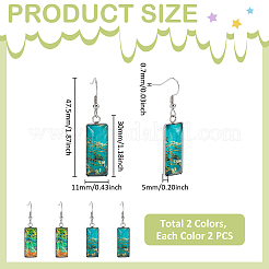 2 Pairs 2 Colors Glass Rectangle with Leaf Dangle Earring&nbsp;EJEW-FI0001-16