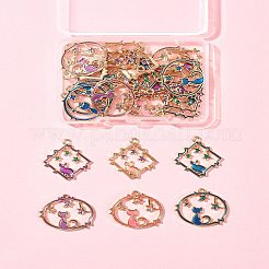 24個6スタイルアロイエナメルペンダント  ライトゴールド  猫の形とウサギの菱形のリング  ミックスカラー  22.5~25x22~24x1.5mm  穴：1.4~1.6mm  4個/スタイル&nbsp;FIND-FS0002-67