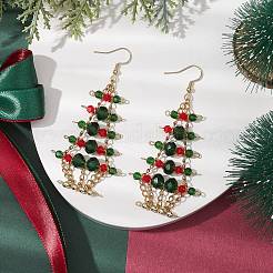 女性用ガラス製クリスマスツリーペンダントダングルイヤリング  グリーン  ゴールドカラー  78x37mm&nbsp;EJEW-JE06021