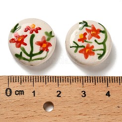 花をテーマにした手作りの磁器ビーズ  レッド  フラットラウンド  18x19x7.5mm  穴：1.8mm&nbsp;X1-LAMP-D303-06C-03