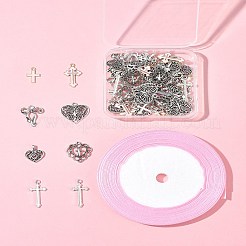 DIY ハート & 蝶結び & クロス合金ペンダント装飾作成キット  サテンリボン付き  アンティークシルバー  16~28x6~22x1~4mm  穴：1.4~4mm&nbsp;DIY-FS0007-28