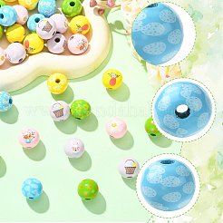 イースターテーマプリント木製ビーズ40個10色  ラウンド  ミックスカラー  14.5~15x15.5~16.5mm  穴：4~4.5mm  4個/カラー&nbsp;WOOD-FS0002-55A