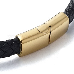 男性用編み込みブラックPUレザーコードブレスレット  チェーン 304 ステンレススチール リンク ブレスレット マグネット留め具付き  ゴールドカラー  8-5/8x3/8インチ（22x1cm）&nbsp;BJEW-K243-66A-G