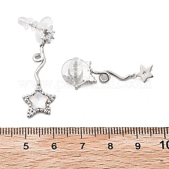 スター真鍮クリアキュービックジルコニアスタッドピアス  ガラスのスタッドピアス付き  オーシャンシリーズ  プラチナ  右：33x12mm  左：36x12mm&nbsp;EJEW-D301-01P