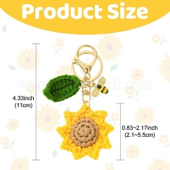 手編みのひまわりと合金エナメルのミツバチのキーホルダー  編み物の花と葉のキーリング、ブローチピン付き、バッグやバックパックのチャームとして使用可能  ゴールドカラー  110mm&nbsp;KEYC-YW00305