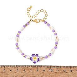 ポリマークレイの花、ガラス、天然のトランペットシェルビーズを使用した女性用ブレスレット  ゴールドカラー  ミックスカラー  7.68インチ（19.5cm）&nbsp;BJEW-JB14391