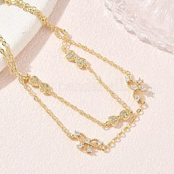 真鍮製マイクロパヴェクリアキュービックジルコニアリボンリンク2連ブレスレット  長持ちメッキ  ラックめっき  鉛フリー＆カドミウムフリー  18KGP本金メッキ  6.69インチ（17cm）&nbsp;KK-CBA6980-19G