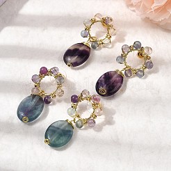 天然混合石ダングルのスタッドのピアス  楕円形と花  真鍮製のピアスパーツ  ゴールドカラー  ラックめっき  40.5~41x21.5mm&nbsp;EJEW-G454-01G