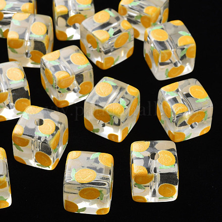 透明印刷アクリルビーズ  フルーツ模様の四角  レモン模様  16x16x16mm  穴：3mm&nbsp;MACR-S374-08A-02-1