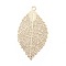 Rack Plating Brass Filigree Big Pendants, Long-Lasting Plated, Cadmium Free & Nickel Free & Lead Free, Leaf, Light Gold, 54x30x0.3mm, Hole: 2.5mm